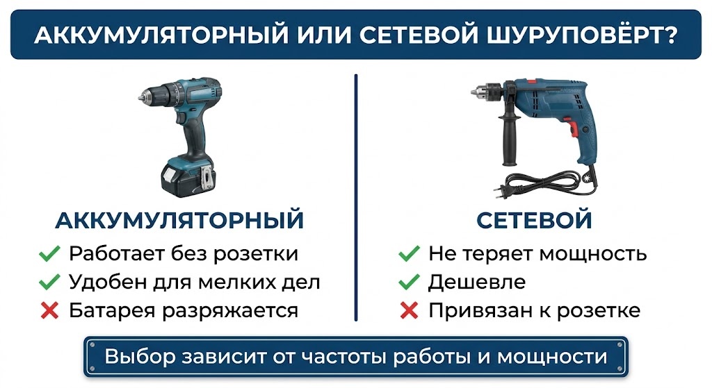 Сравнение аккумуляторного и сетевого шуруповёрта