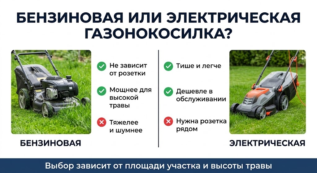Сравнение бензиновой и электрической газонокосилки: плюсы и минусы каждой