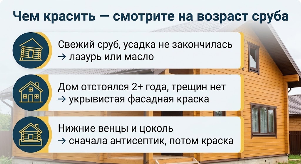 Чем красить — смотрите на возраст сруба