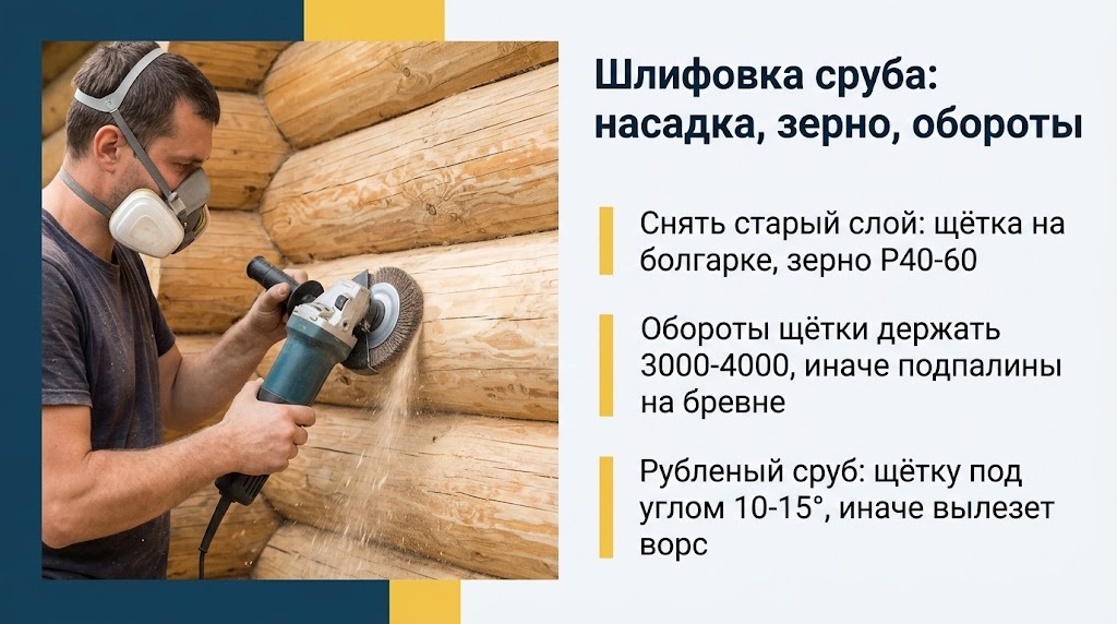 Шлифовка сруба: насадка, зерно, обороты