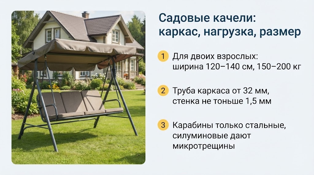 Садовые качели: каркас, нагрузка, размер