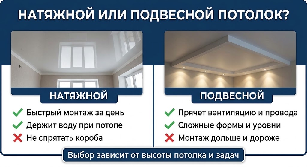 Сравнение натяжного и подвесного потолка